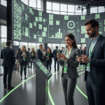 alt_text: Modern event: attendees scan QR codes for quick info. Real-time data dashboards show efficient operations.