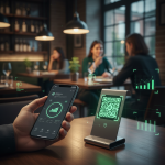 alt_text: Mão escaneia QR code em menu digital. Restaurante high-tech, foco em dados, eficiência e inovação.